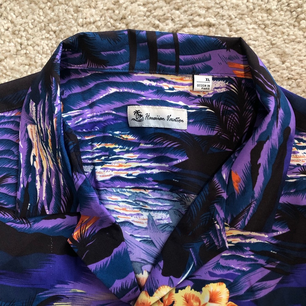 Men's Purple Tropical Camp-Collar Button-Down Shirt - Picture 3 of 3